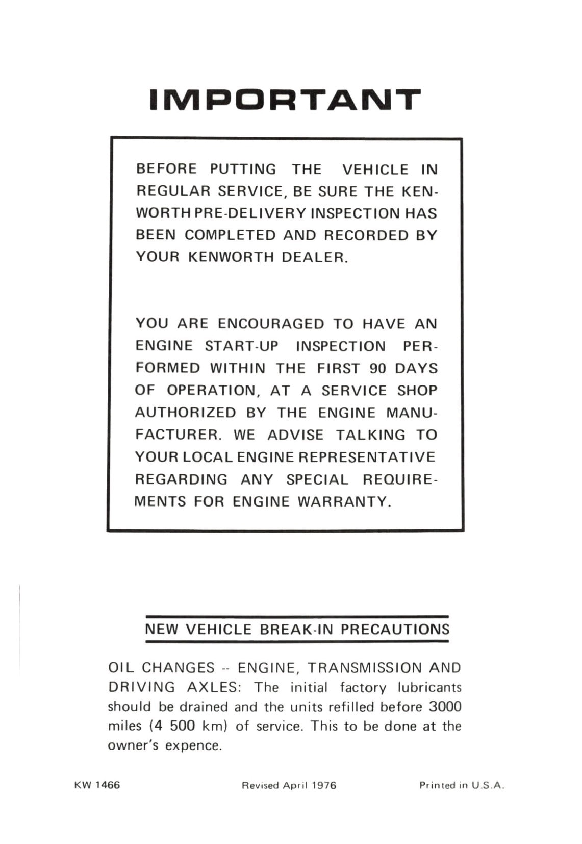 1976 Kenworth Owner's Manual | English