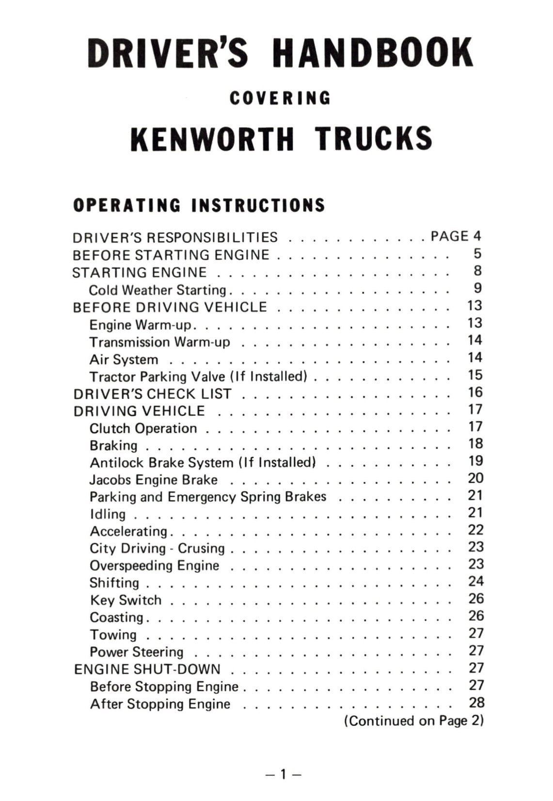 1976 Kenworth Owner's Manual | English