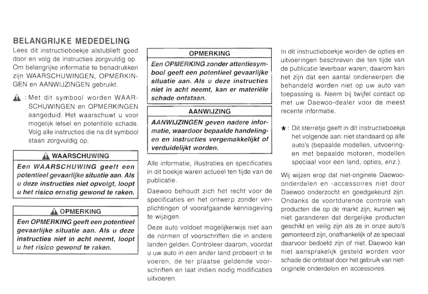 2001-2005 Daewoo Matiz Bedienungsanleitung | Niederländisch