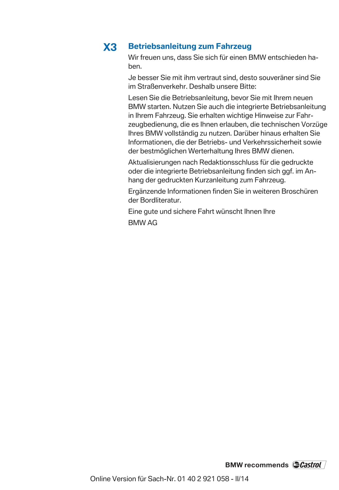 2014 BMW X3 Bedienungsanleitung | Deutsch