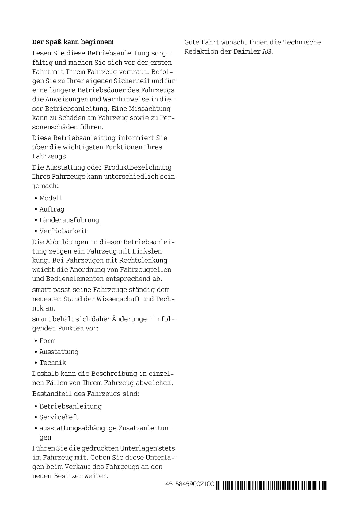 2012-2016 Smart Fortwo Owner's Manual | German