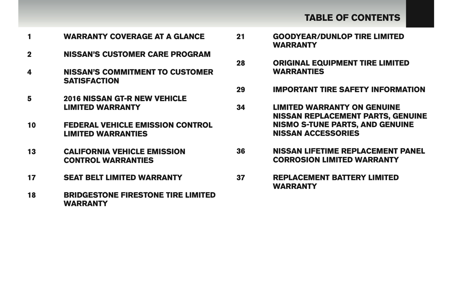 2016 Nissan GT-R Warranty Information Booklet | English