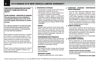 2016 Nissan GT-R Warranty Information Booklet | English