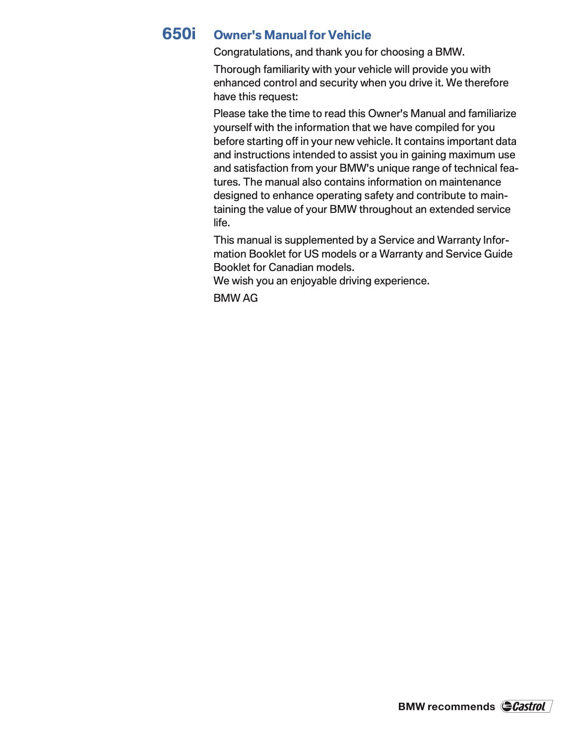 2007 BMW 6 Series Owner's Manual | English US