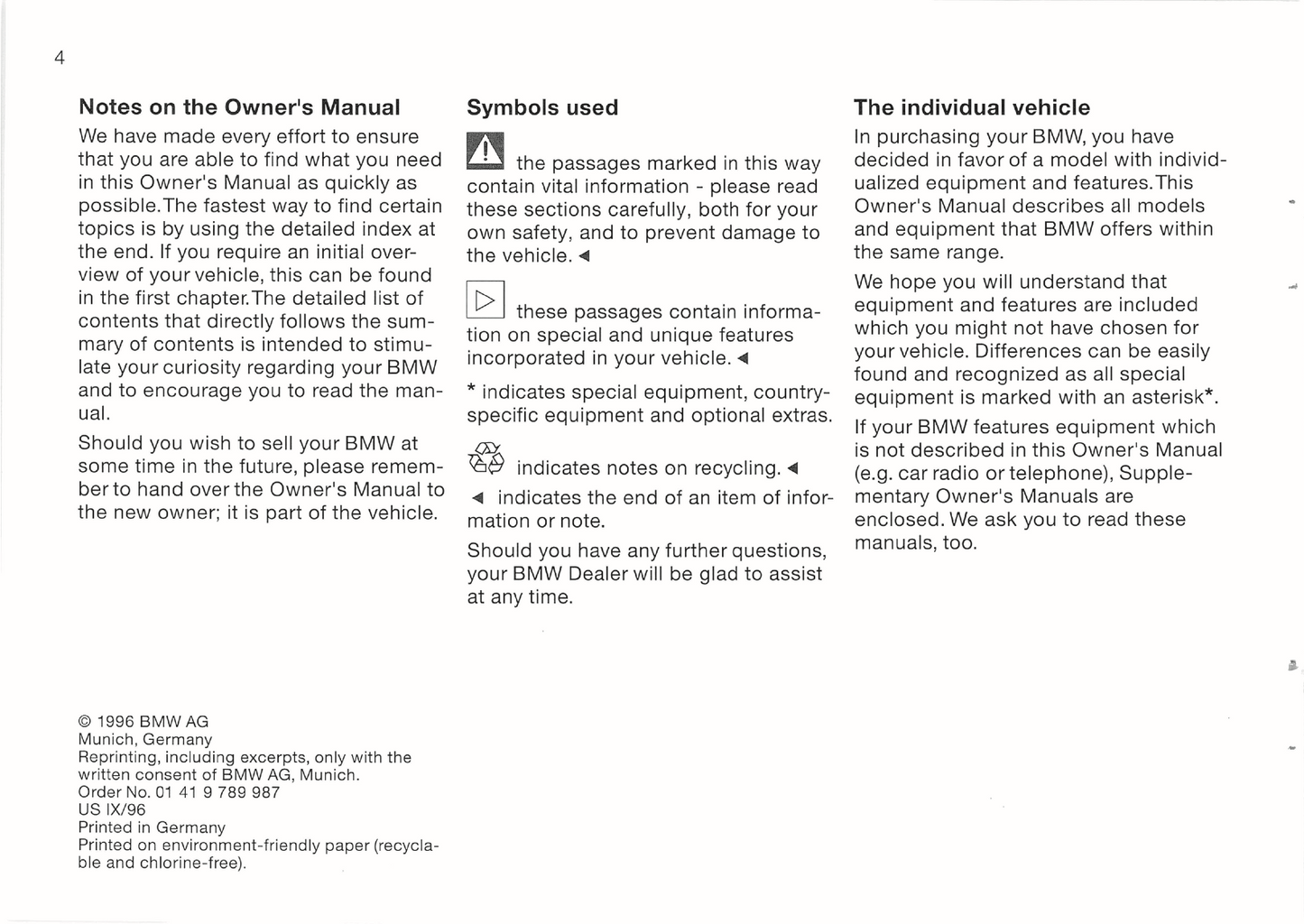 1996 BMW Z3 Owner's Manual | English