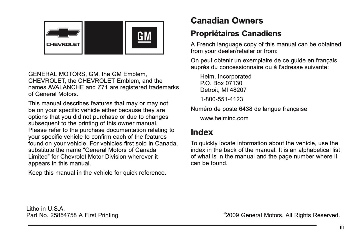 2010 Chevrolet Avalanche Owner's Manual | English US