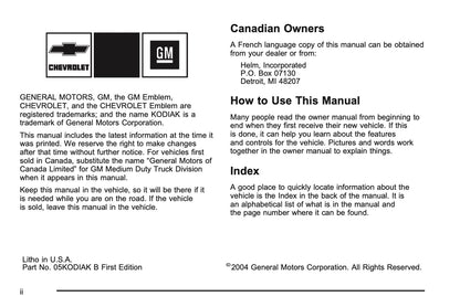 2005 Chevrolet Kodiak Owner's Manual | English US