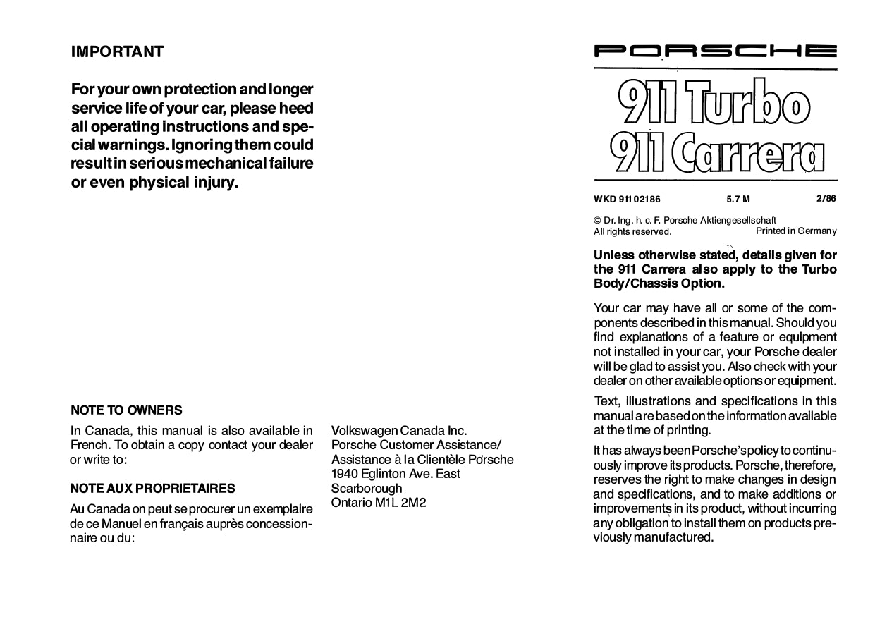 1986 Porsche 911 Turbo / Carerra Owner's Manual | English