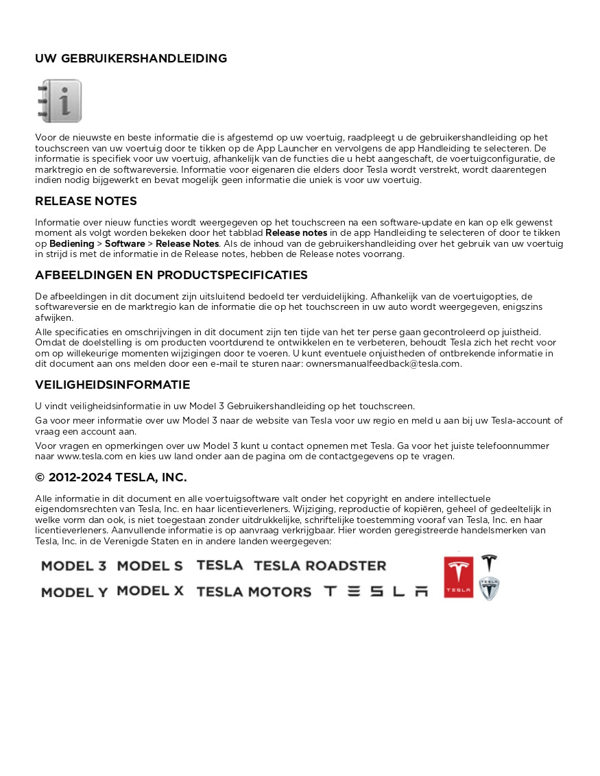 2024 Tesla Model 3 Owner's Manual | Dutch