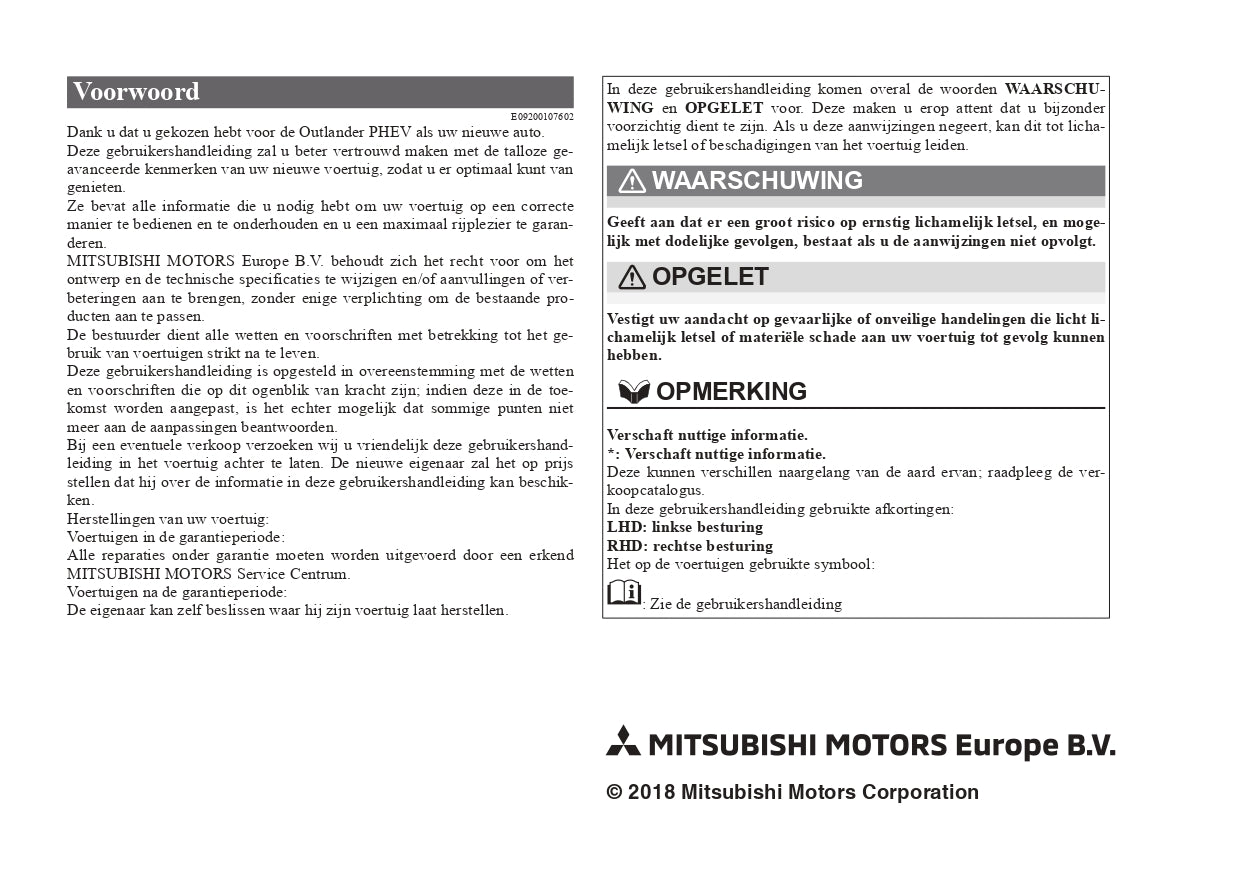 2018 Mitsubishi Outlander PHEV Bedienungsanleitung | Niederländisch