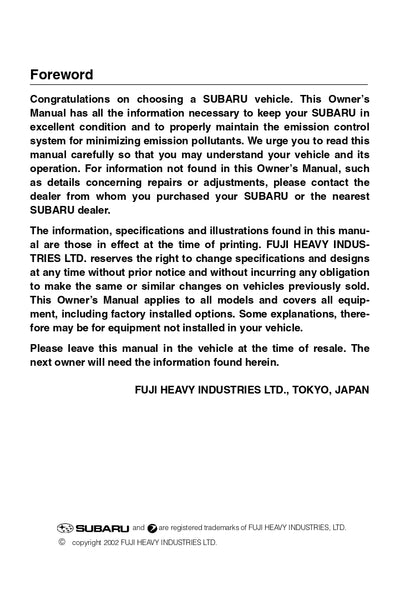 2003 Subaru Baja Bedienungsanleitung | Englisch
