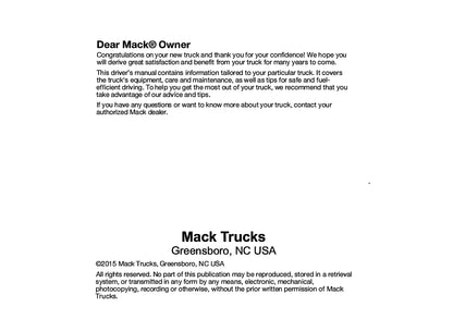 2015-2018 Mack Pinnacle Owner's Manual | English