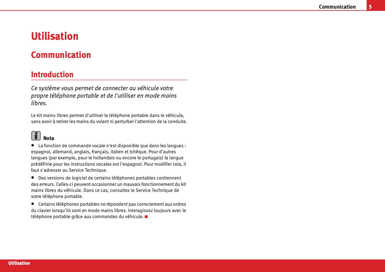 Seat Système de Communication Guide d’instructions